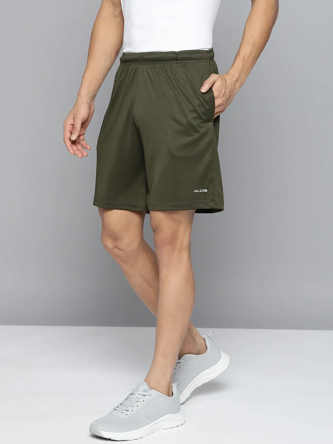 Alcis Men Olive Green Solid Slim Fit Running Sports Shorts