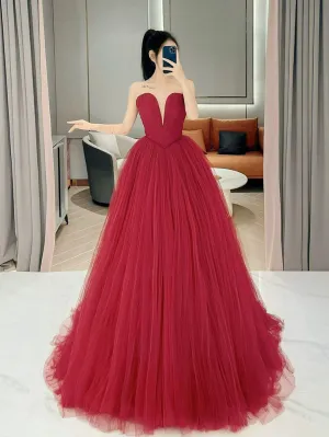Aline v neck red long prom dress tulle long forma dress