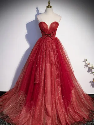 Burgundy Aline tulle lace long prom dress lace evening dress