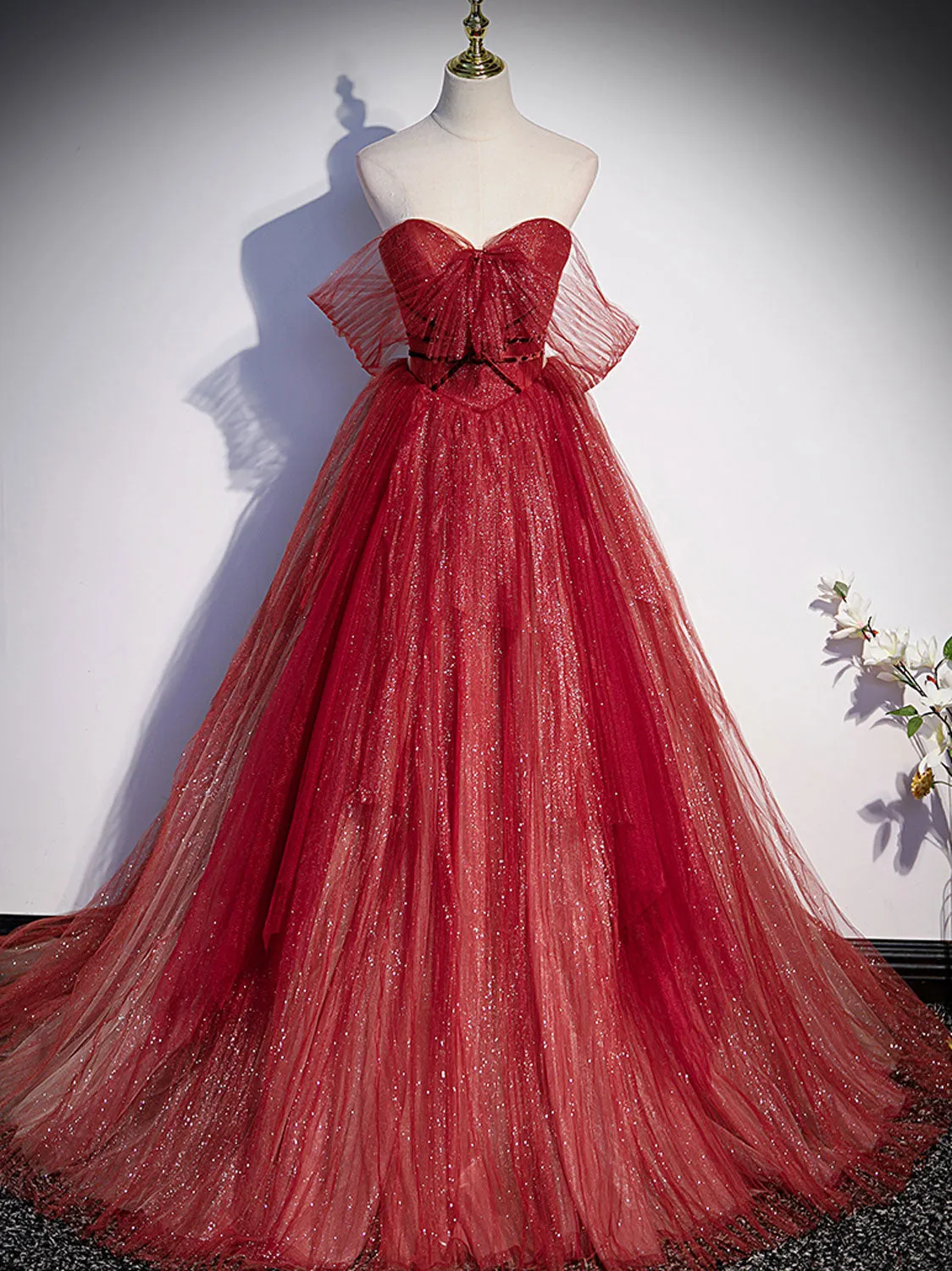 Burgundy Aline tulle lace long prom dress lace evening dress
