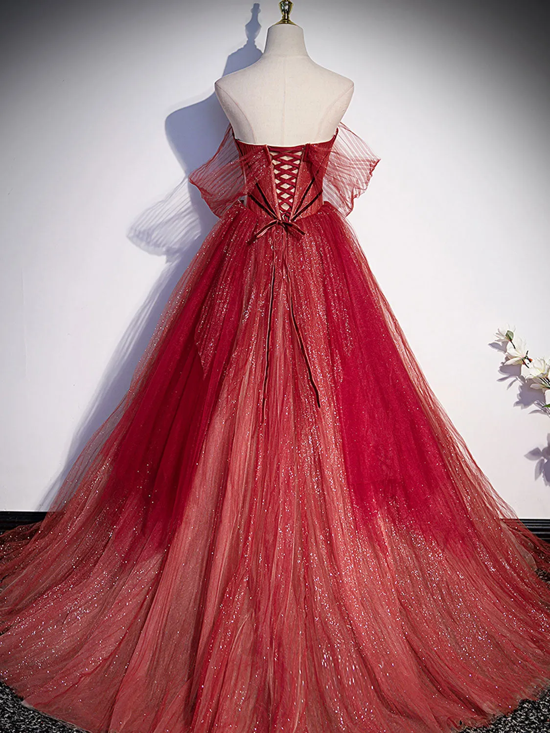 Burgundy Aline tulle lace long prom dress lace evening dress