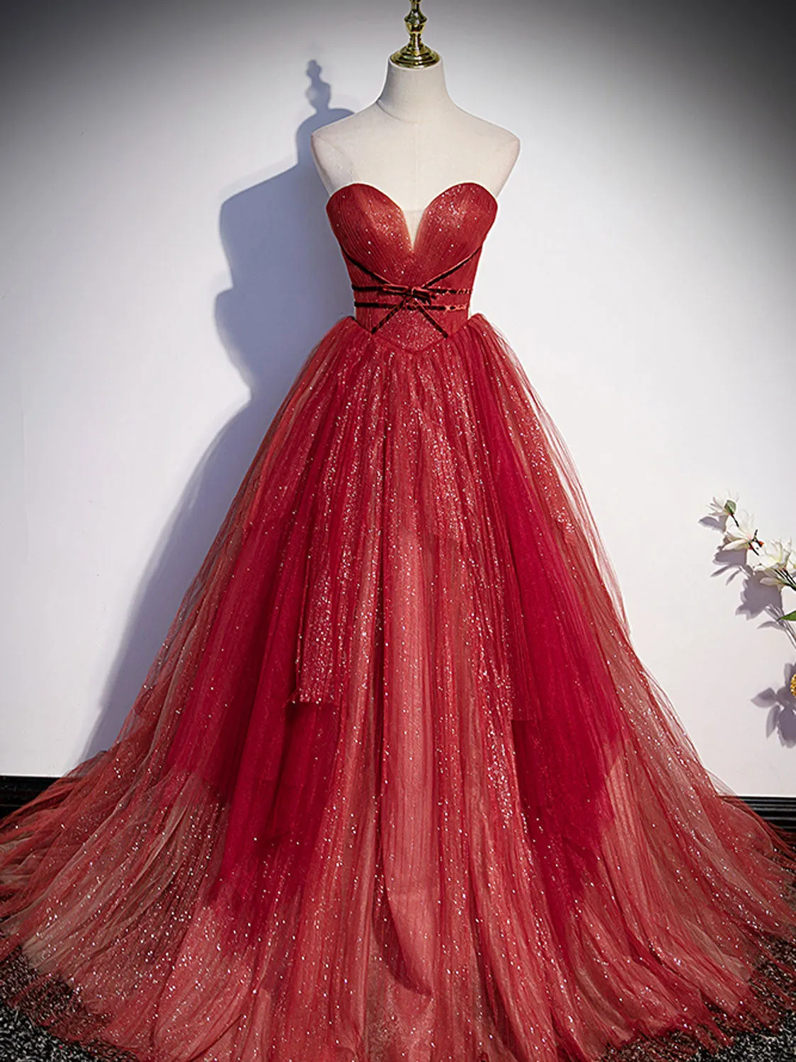 Burgundy Aline tulle lace long prom dress lace evening dress