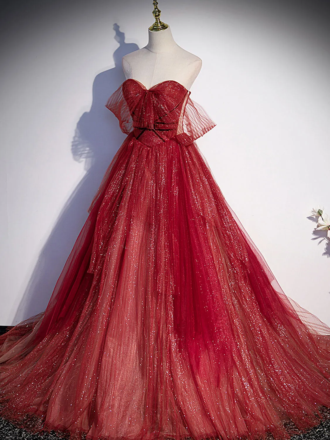 Burgundy Aline tulle lace long prom dress lace evening dress