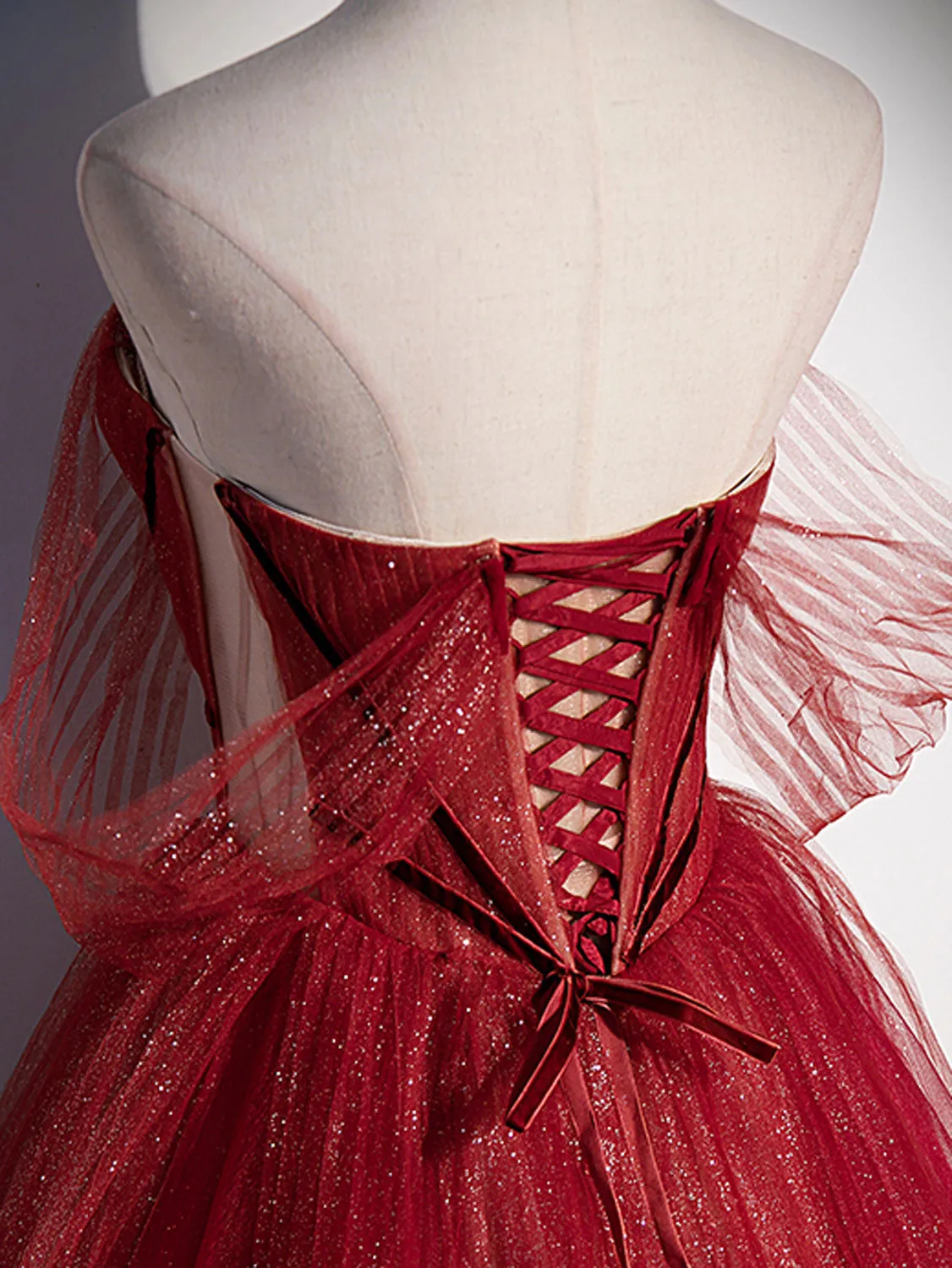 Burgundy Aline tulle lace long prom dress lace evening dress