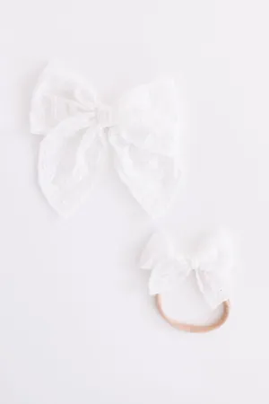 Classic Hair Bow - White Eyelet
