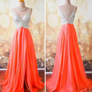 Coral A Line V Neck Side Split Shinning Long Prom Dresses, BG51090