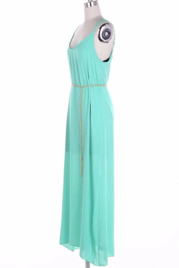 Coral Maxi Dress with Lace and Golden Chain