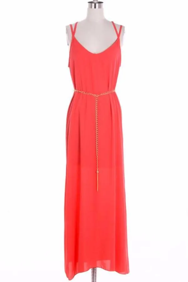Coral Maxi Dress with Lace and Golden Chain