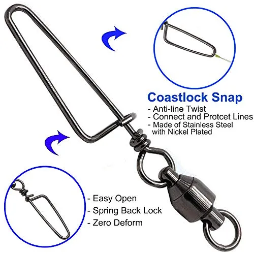 Easy Catch 30 Pack 9# High-Strength Fishing Ball Bearing Swivel with Coastlock Snap, Strong Welded Ring