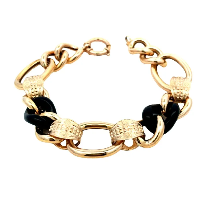 Estate 7" Chunky Hollow Link Bracelet with 2 Onyx Links in 14K Yellow Gold