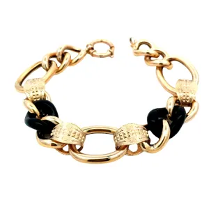 Estate 7" Chunky Hollow Link Bracelet with 2 Onyx Links in 14K Yellow Gold