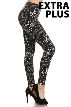 Extra Plus Music Note Print Leggings on Black Background