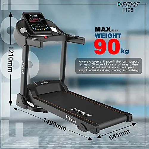 Fitkit Series 1.5HP 2HP Peak DC-Motorised Treadmill FT98i, Max Speed - 10km/hr, Max Weight - 90 Kg with Home Installation and Diet and Fitness Plan (Black)