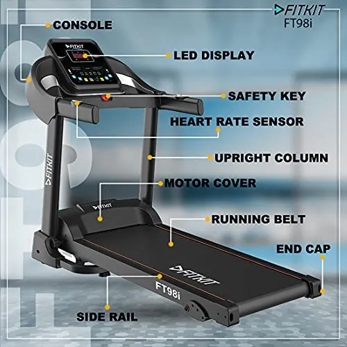 Fitkit Series 1.5HP 2HP Peak DC-Motorised Treadmill FT98i, Max Speed - 10km/hr, Max Weight - 90 Kg with Home Installation and Diet and Fitness Plan (Black)