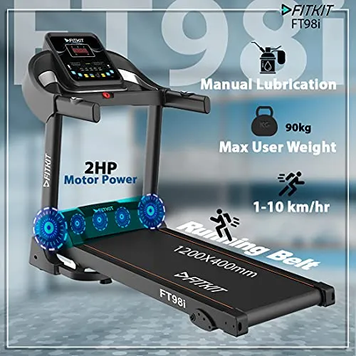 Fitkit Series 1.5HP 2HP Peak DC-Motorised Treadmill FT98i, Max Speed - 10km/hr, Max Weight - 90 Kg with Home Installation and Diet and Fitness Plan (Black)