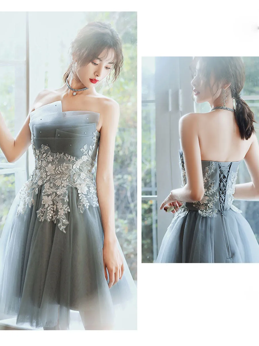 Gray Blue Short Prom Dress, Gray Blue Cute Homecoming Dress