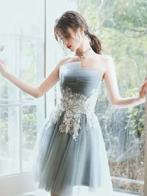 Gray Blue Short Prom Dress, Gray Blue Cute Homecoming Dress
