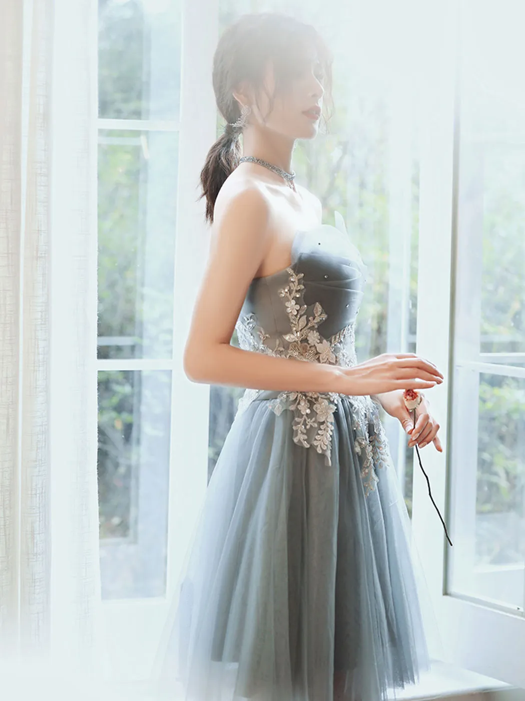 Gray Blue Short Prom Dress, Gray Blue Cute Homecoming Dress