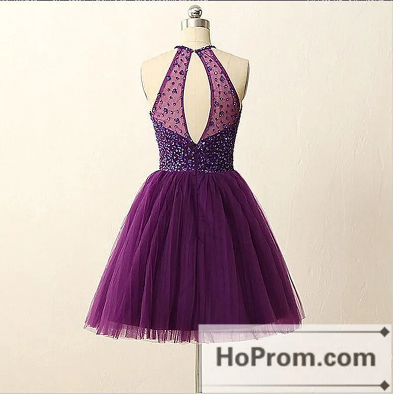 Halter Short Illusion Back Purple Prom Dresses Homecoming Dresses