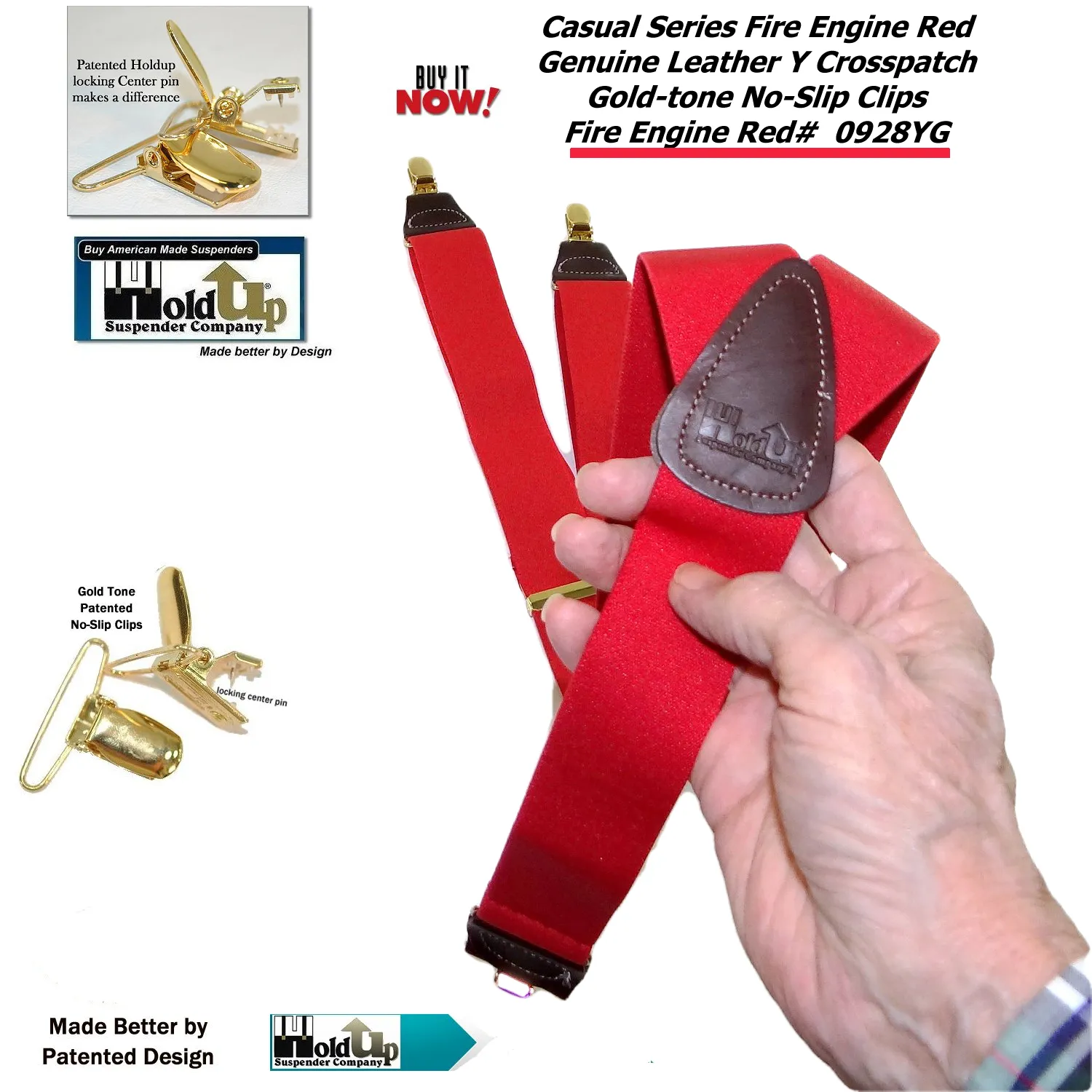 Hold-Ups Red Casual series 1 1/2" wide Suspenders Y-back with Patented No-slip Gold Clips