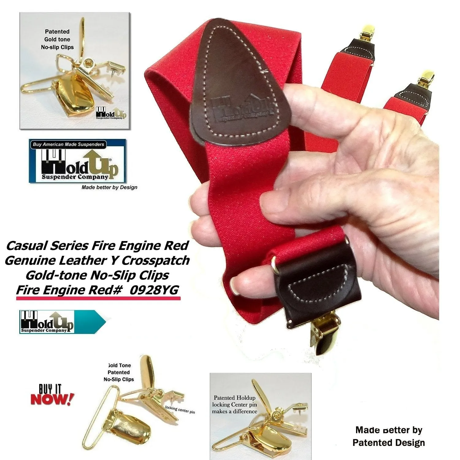 Hold-Ups Red Casual series 1 1/2" wide Suspenders Y-back with Patented No-slip Gold Clips