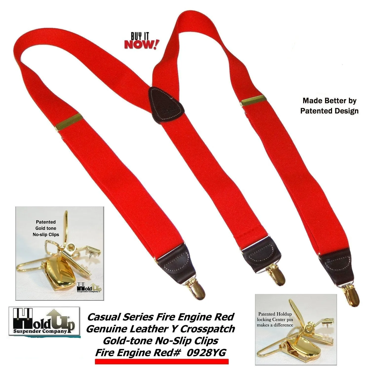 Hold-Ups Red Casual series 1 1/2" wide Suspenders Y-back with Patented No-slip Gold Clips