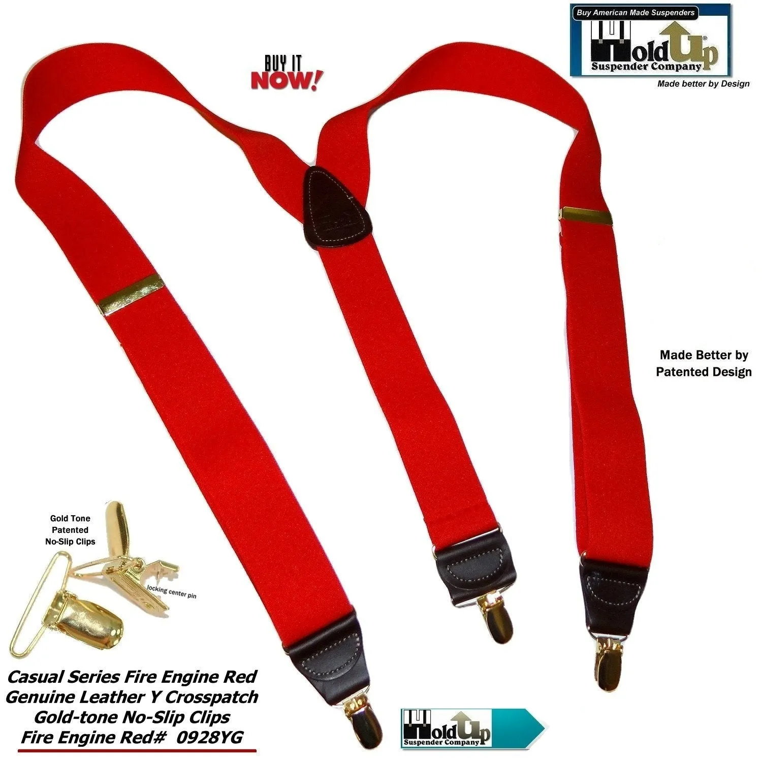 Hold-Ups Red Casual series 1 1/2" wide Suspenders Y-back with Patented No-slip Gold Clips