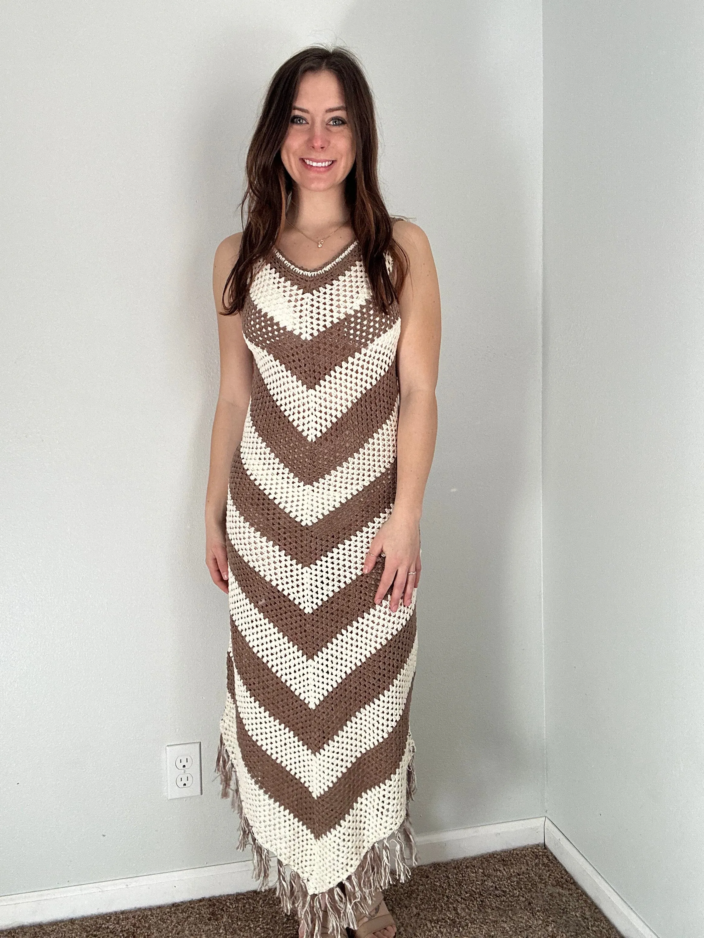 ivory   brown chevy crochet dress