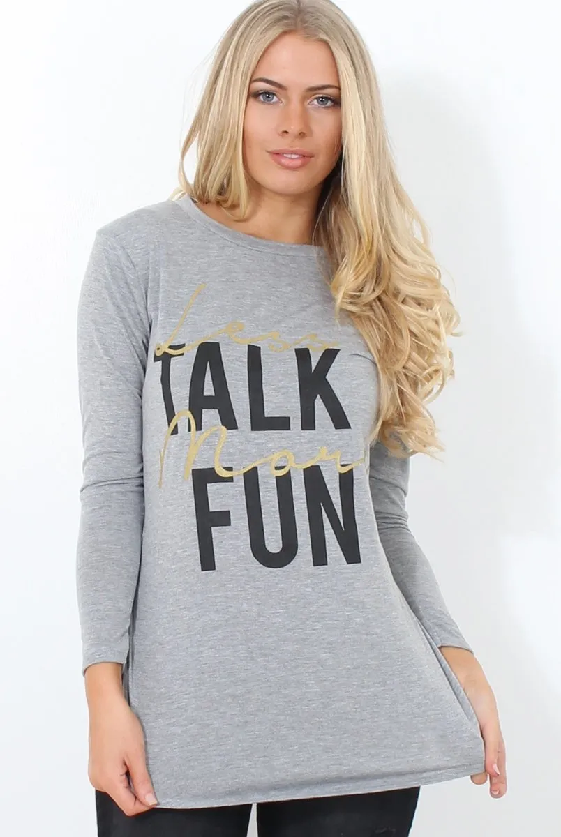 Kari Grey Slogan Curved Hem Top