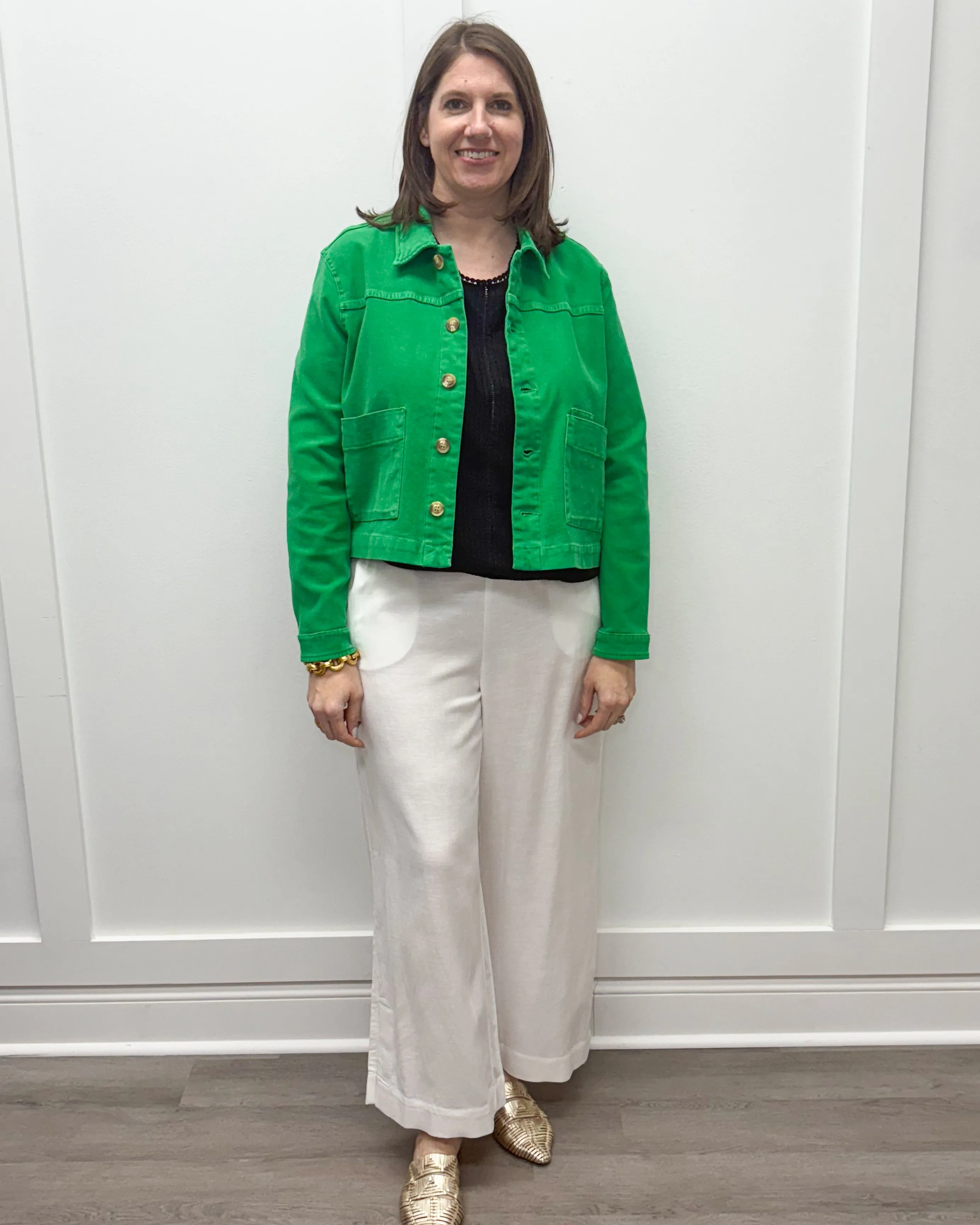 Long Sleeve Button Front Cotton Jacket - Kelly
