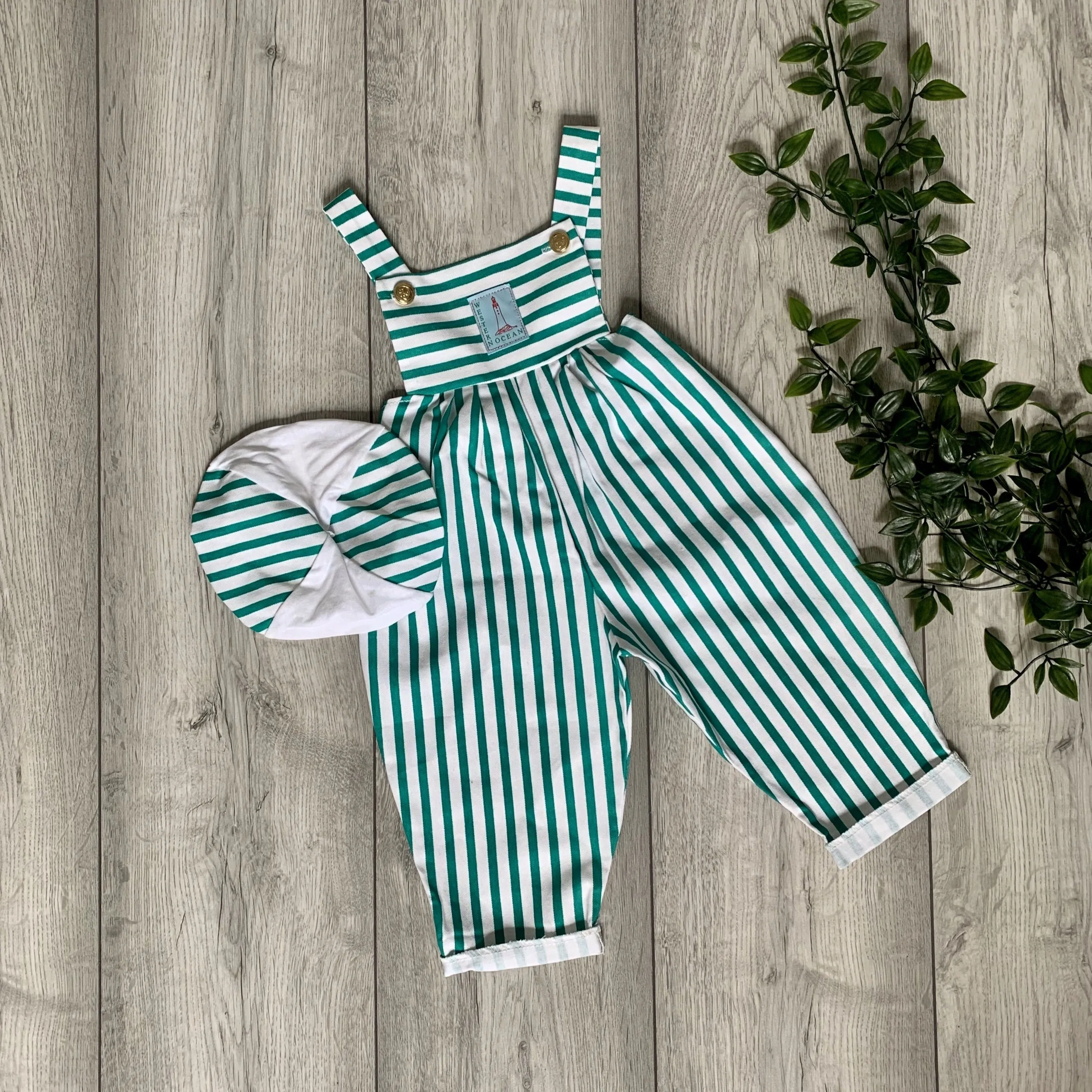 Nautical Green Striped Romper Including Hat