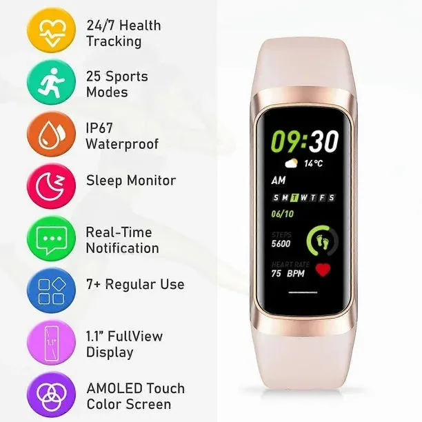 NEW Fitness Tracker Smart Watch, Activity Tracker with 1.1" AMOLED Touch Color Screen, Waterproof Step Tracker for Android iPhones -GSL