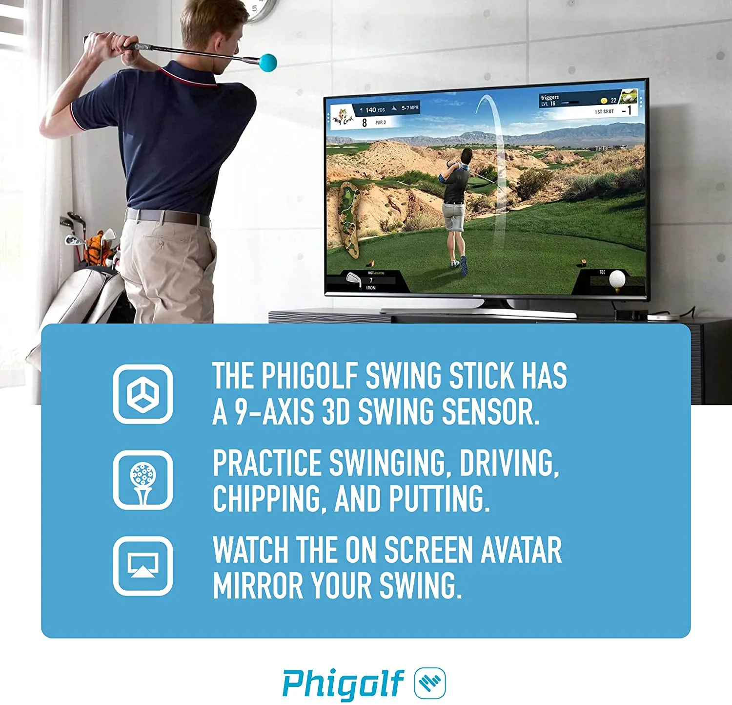 Phigolf WGT Edition Mobile and Home Smart Golf Simulator with Swing Stick, Golf Swing Trainer Aid Equipped with Motion Sensor & 3D Swing Analysis, Compatible with Phones, Tablet PCs & TVs