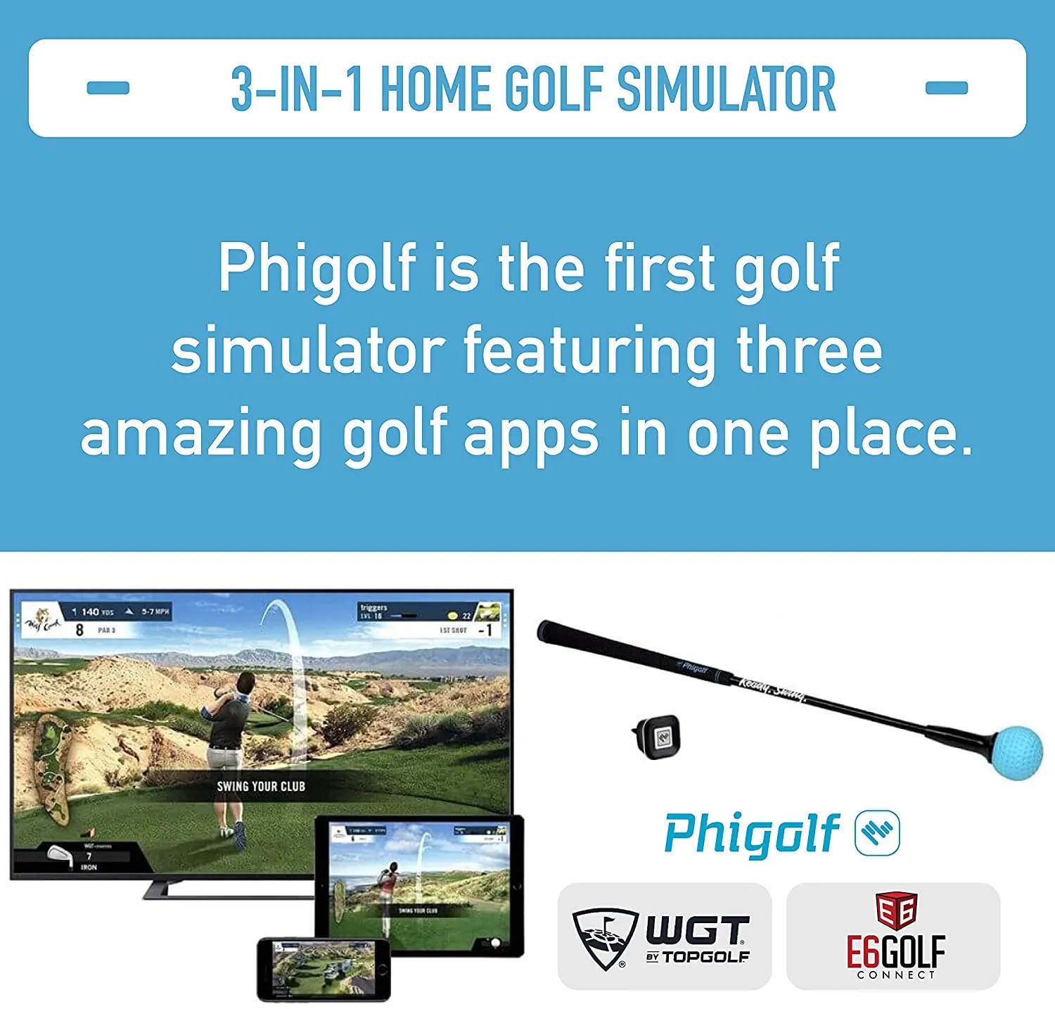 Phigolf WGT Edition Mobile and Home Smart Golf Simulator with Swing Stick, Golf Swing Trainer Aid Equipped with Motion Sensor & 3D Swing Analysis, Compatible with Phones, Tablet PCs & TVs