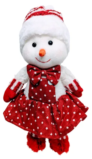 Plush Standing Snowman Wearing Red Polk-a-Dot Dress with Red/White Hat