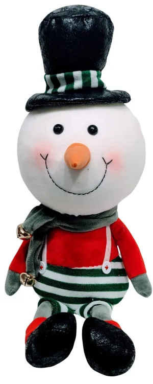 Plush Whimsy Snowman with Oversized Head Wearing Black Hat & Green Striped Overalls