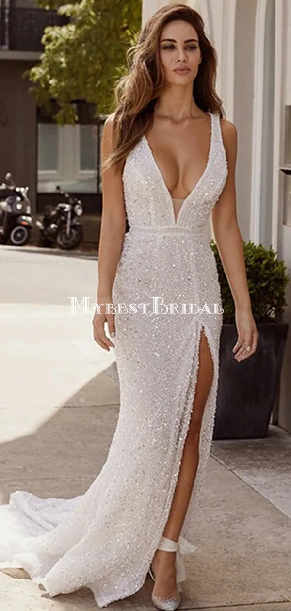 Sexy V-neck Ivory Sequin Mermiad Long Cheap Prom Dresses, PDS0086