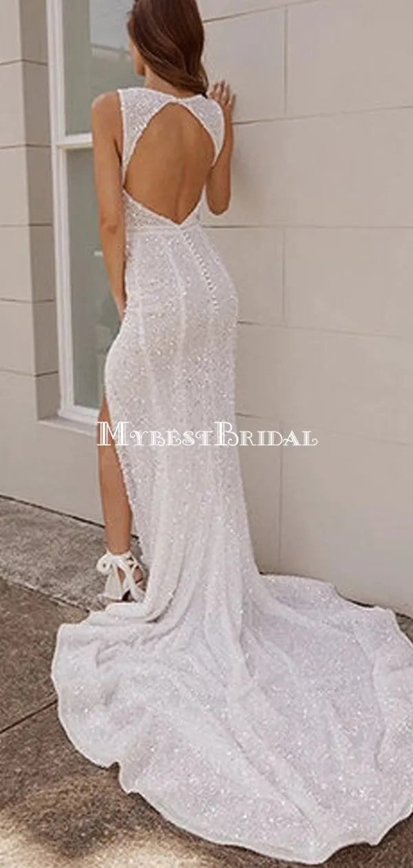 Sexy V-neck Ivory Sequin Mermiad Long Cheap Prom Dresses, PDS0086