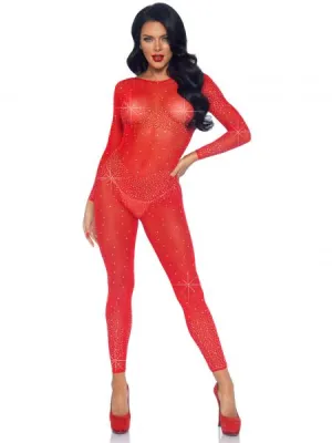 Sheer Rhinestone Catsuit - Red -