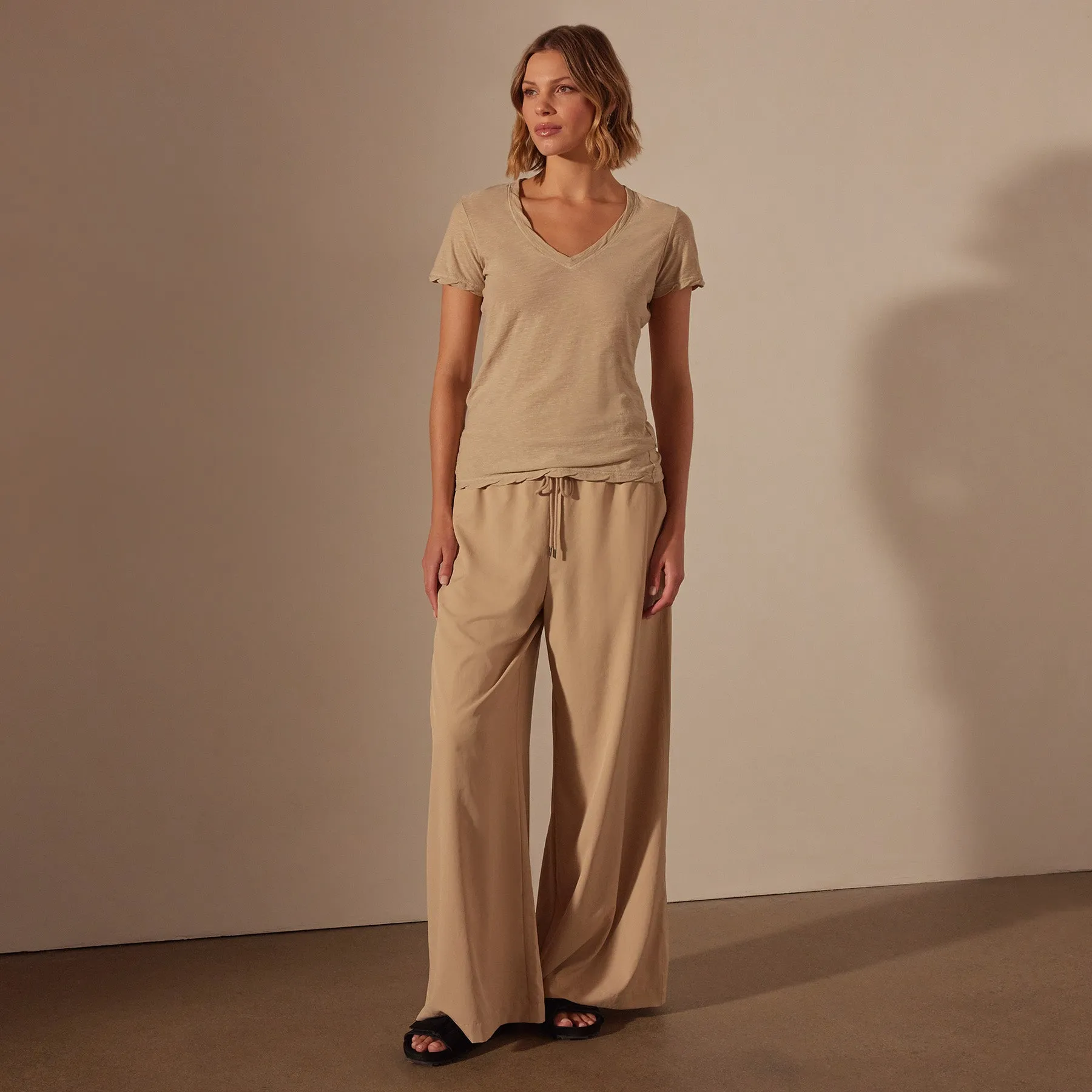 Sheer Slub Casual V Neck - Sand Dune