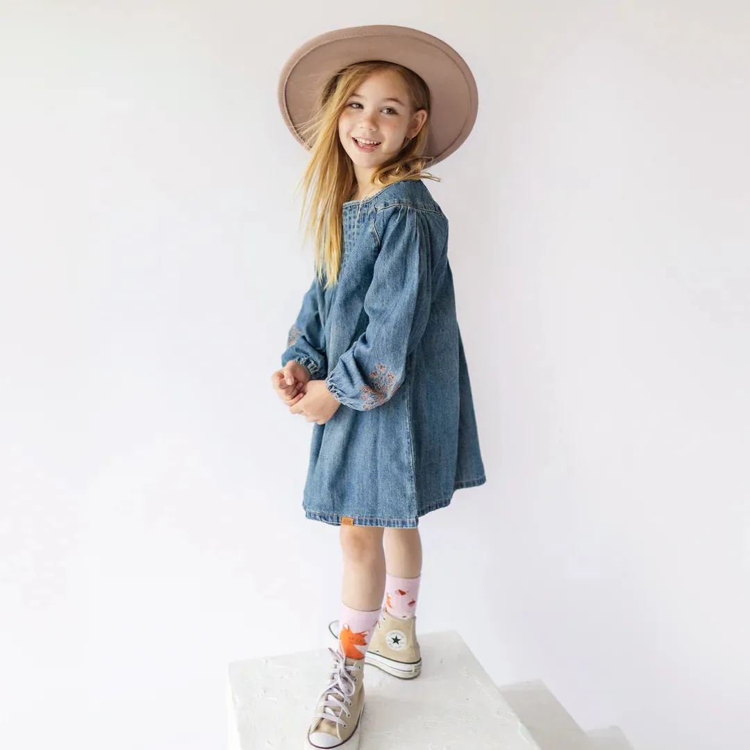 Souris Mini Girls Long Sleeve Pleated Regular Fit/Flared Light Denim Dress - Dark Blue