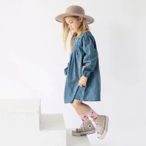 Souris Mini Girls Long Sleeve Pleated Regular Fit/Flared Light Denim Dress - Dark Blue