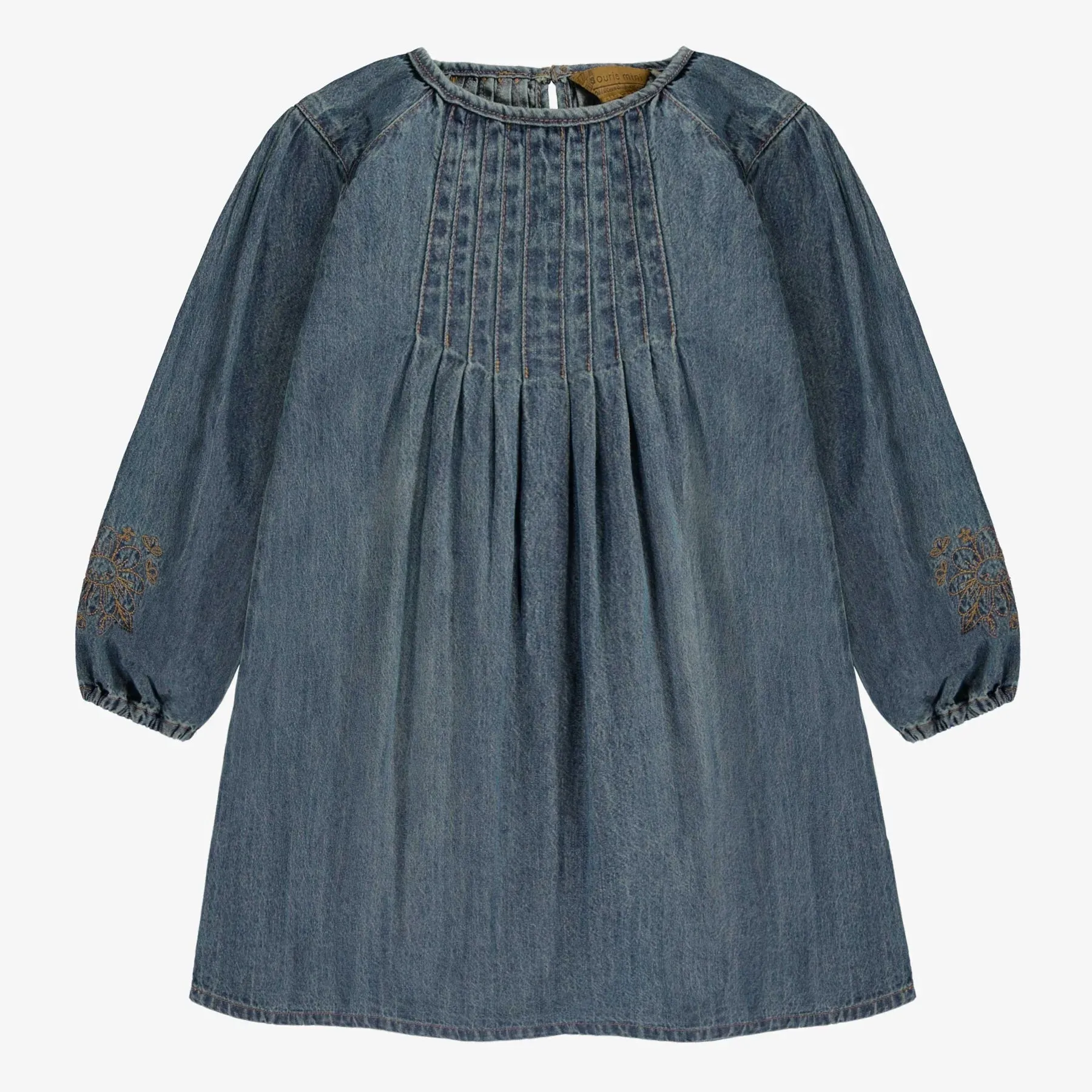 Souris Mini Girls Long Sleeve Pleated Regular Fit/Flared Light Denim Dress - Dark Blue