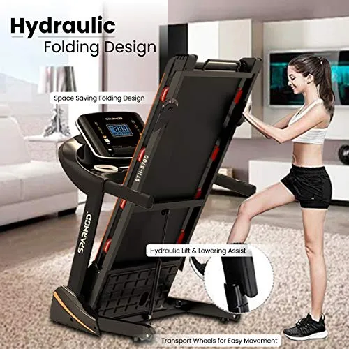 SPARNOD FITNESS STH-3700 (4 HP Peak) Foldable Motorized Walking and Running Automatic Treadmill for Home Use - with Auto Incline, 8 Point Shock Absorption System - Black