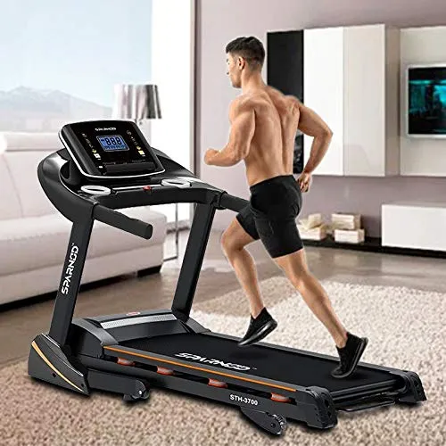 SPARNOD FITNESS STH-3700 (4 HP Peak) Foldable Motorized Walking and Running Automatic Treadmill for Home Use - with Auto Incline, 8 Point Shock Absorption System - Black