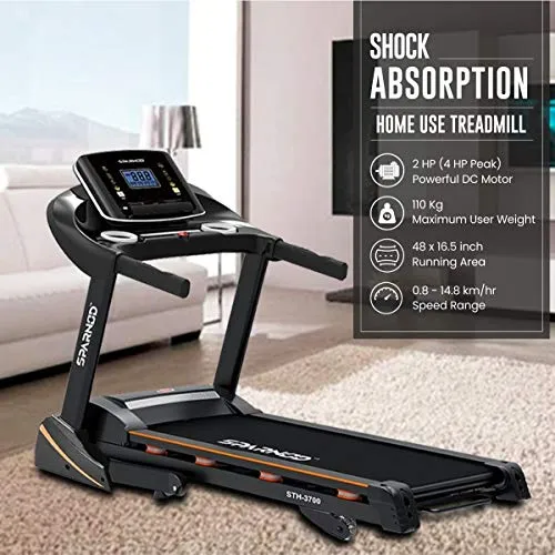 SPARNOD FITNESS STH-3700 (4 HP Peak) Foldable Motorized Walking and Running Automatic Treadmill for Home Use - with Auto Incline, 8 Point Shock Absorption System - Black