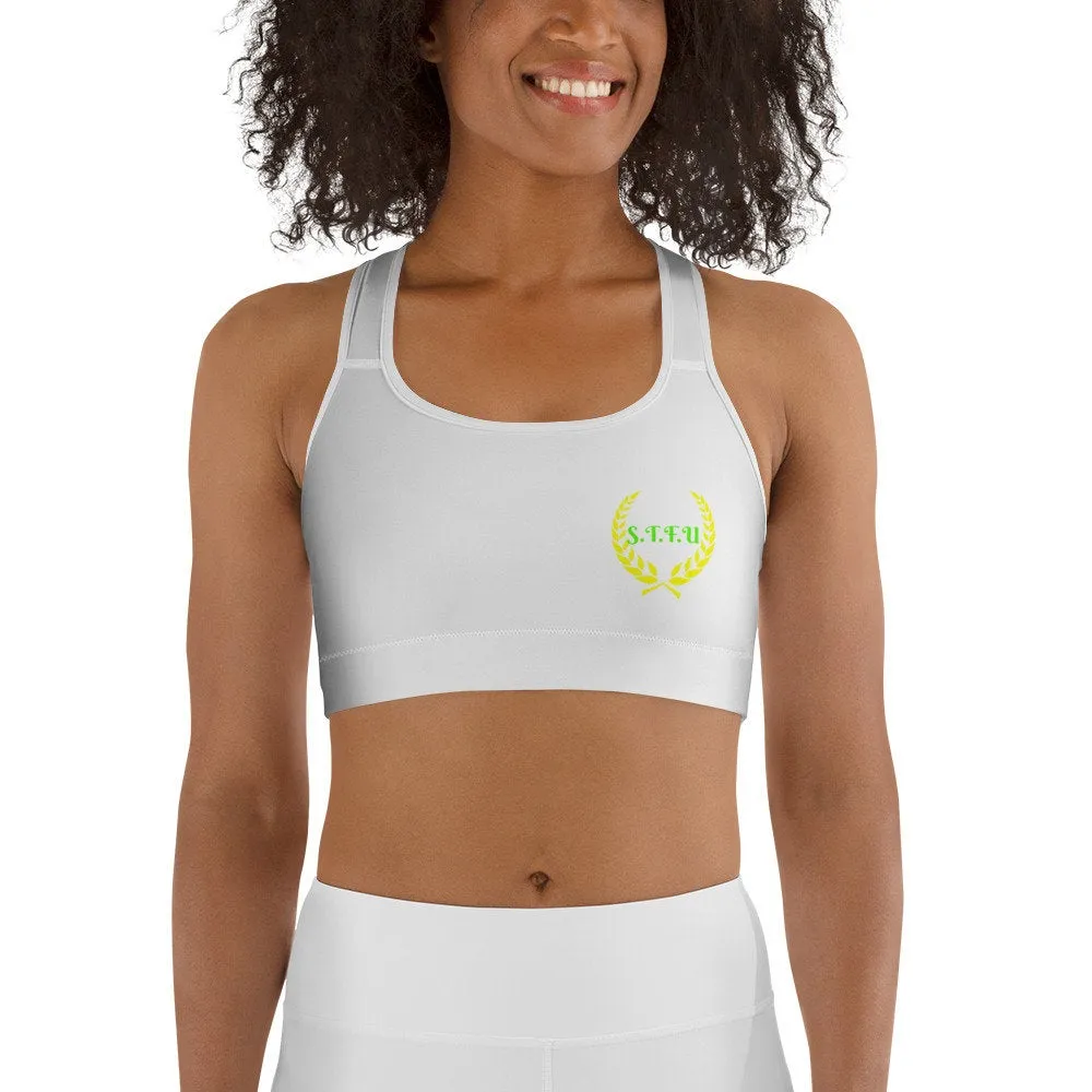 STFU Greek Racerback Sports Bra - Green & Yellow on White