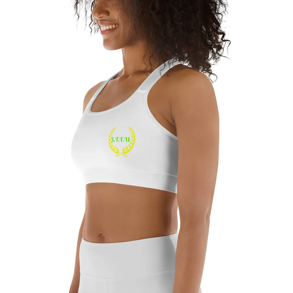 STFU Greek Racerback Sports Bra - Green & Yellow on White