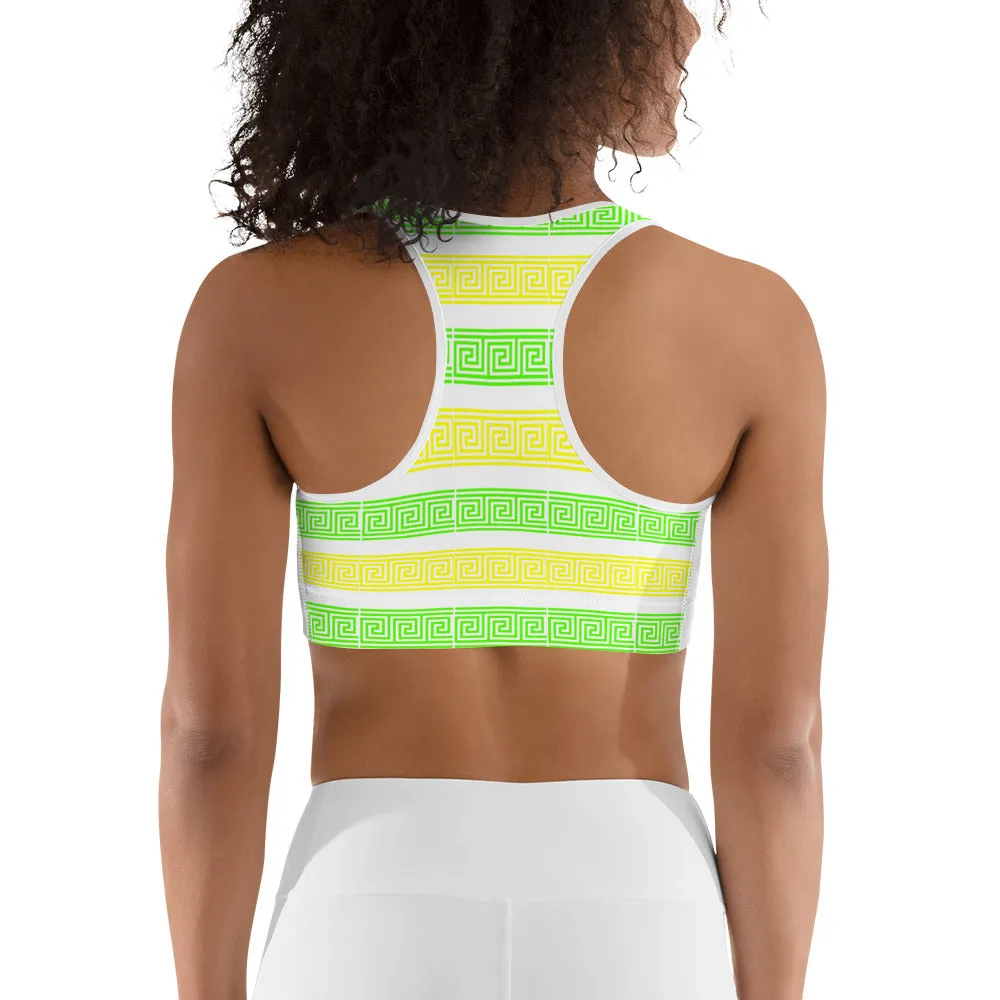 STFU Greek Racerback Sports Bra - Green & Yellow on White