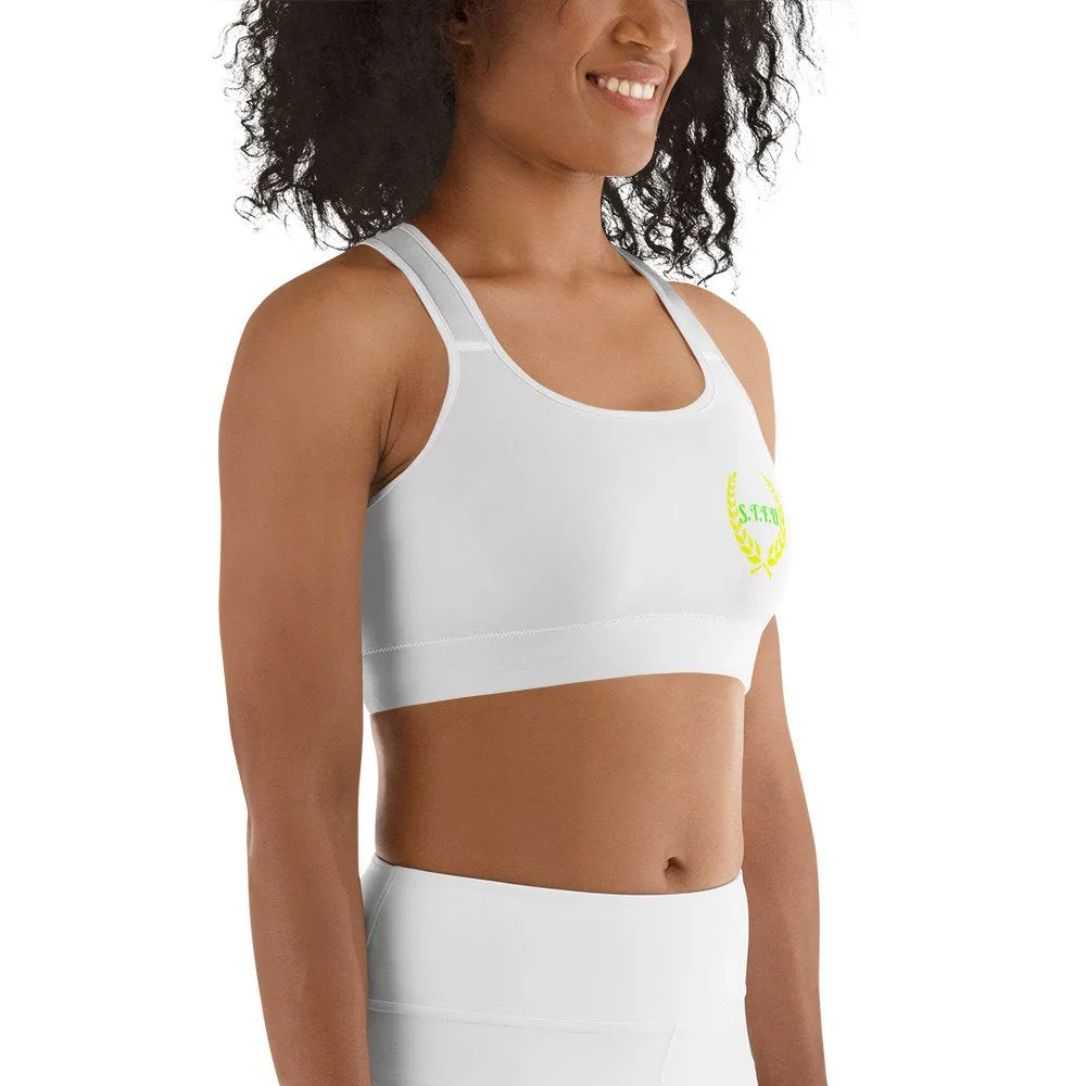 STFU Greek Racerback Sports Bra - Green & Yellow on White